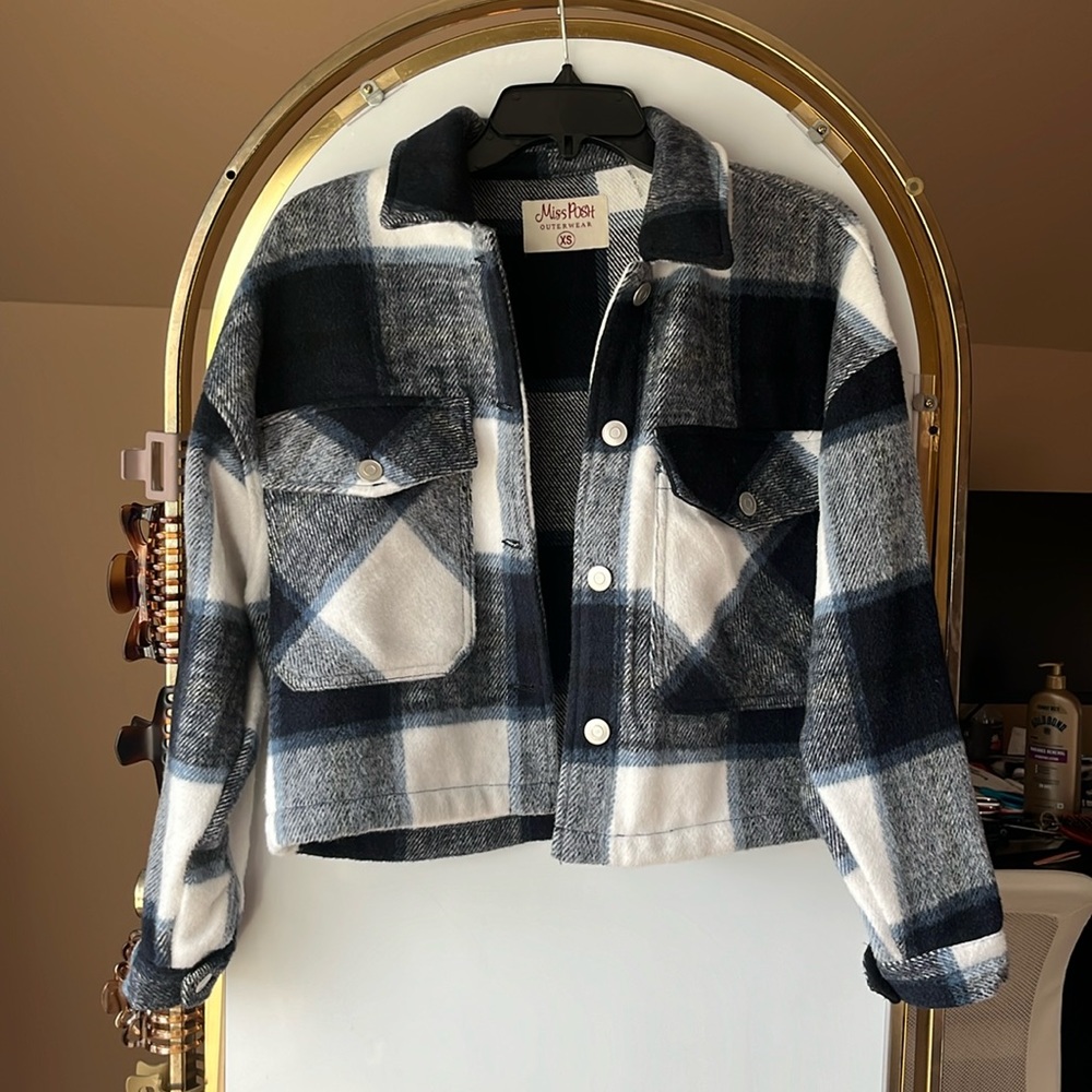 blue and white plaid/ flannel shacket / xs
